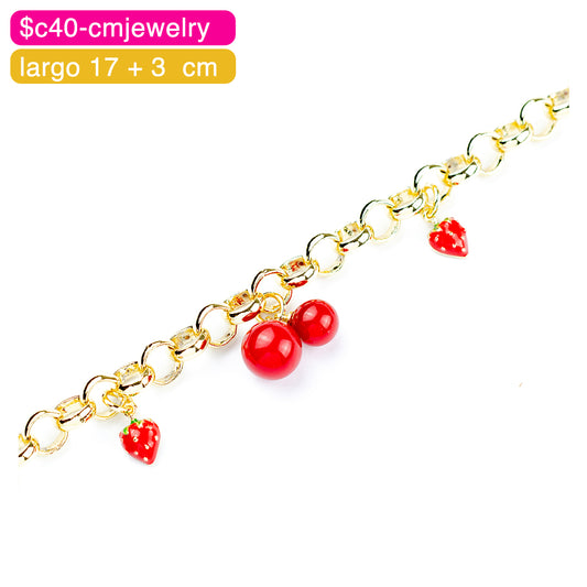 (PFH_00041) Pulsera de cerezas y fresas 14K 17 + 3 cm
