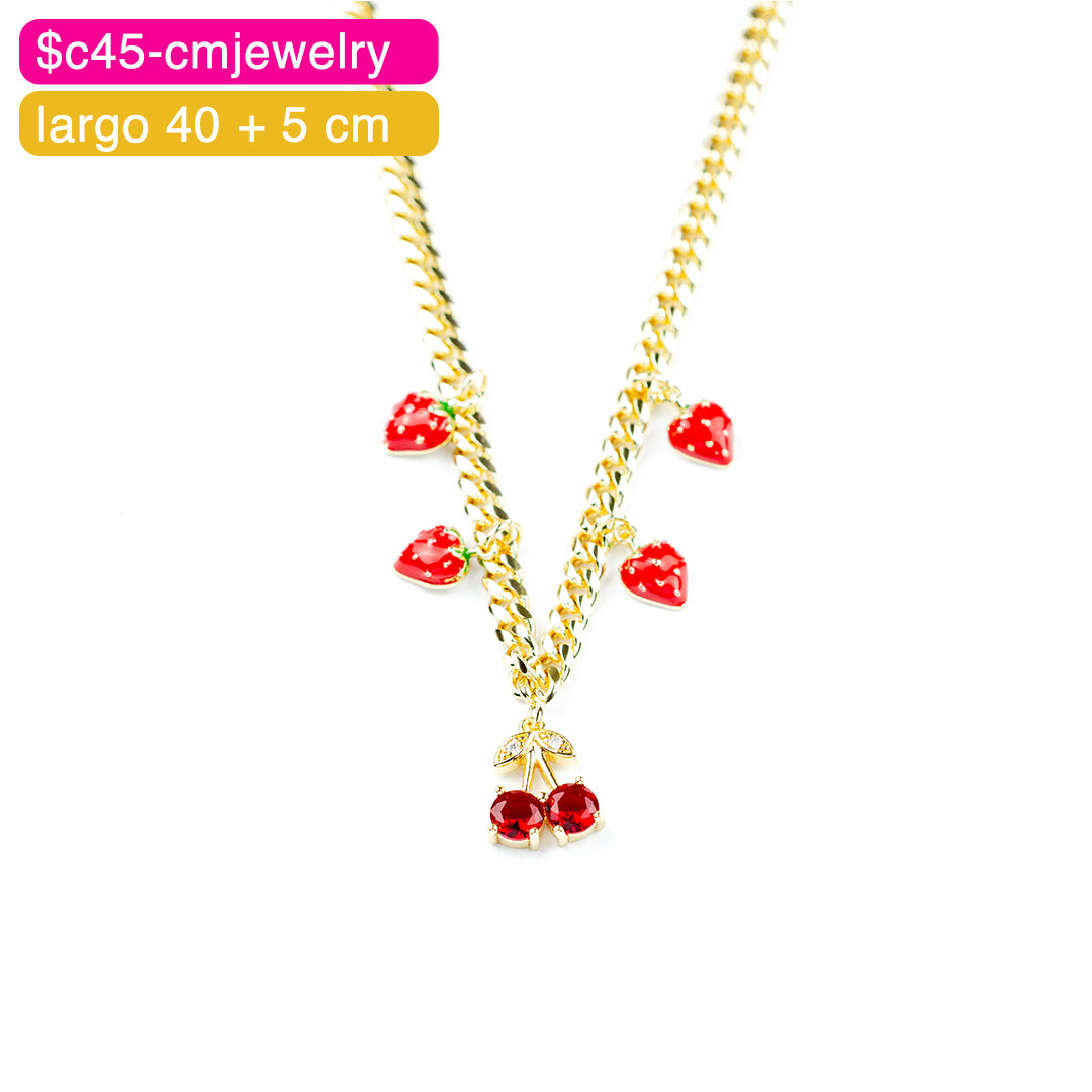 (PFE_00017) Gargantilla de cerezas y fresas 14K 40 + 5 cm