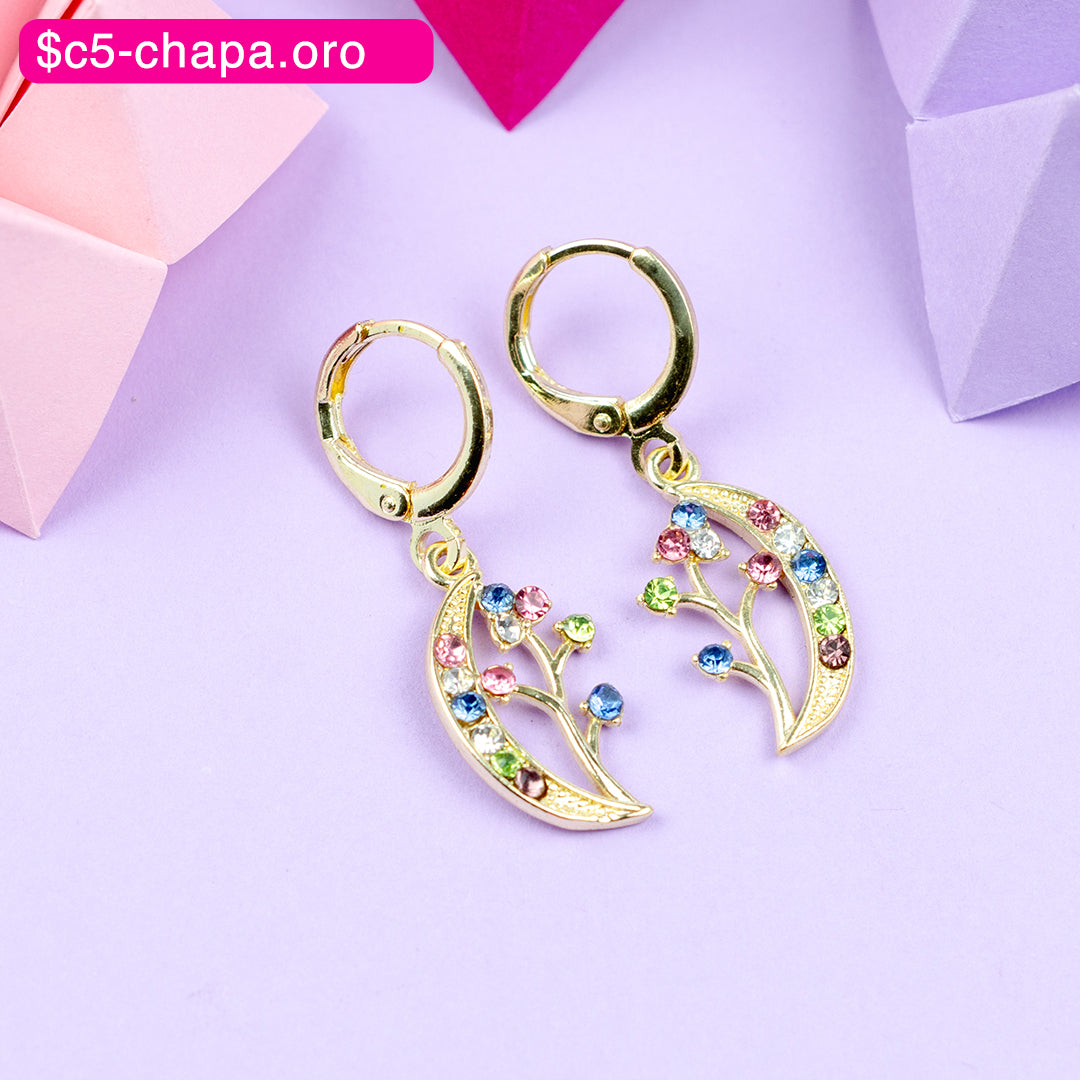 (PFB_00574) Aretes de luna y flor 14K