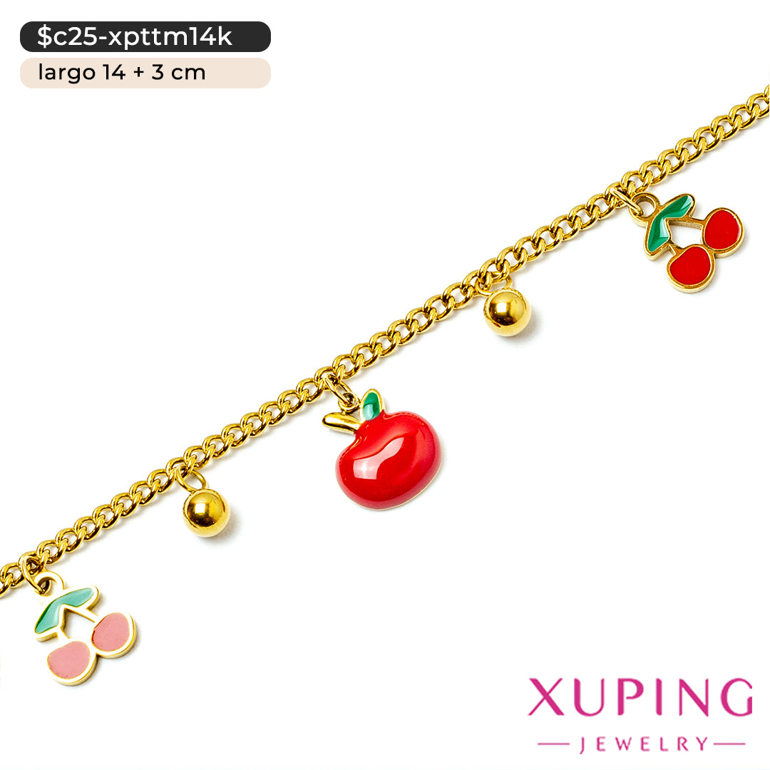 Pulsera de manzana y cerezas en 14K | 14 cm