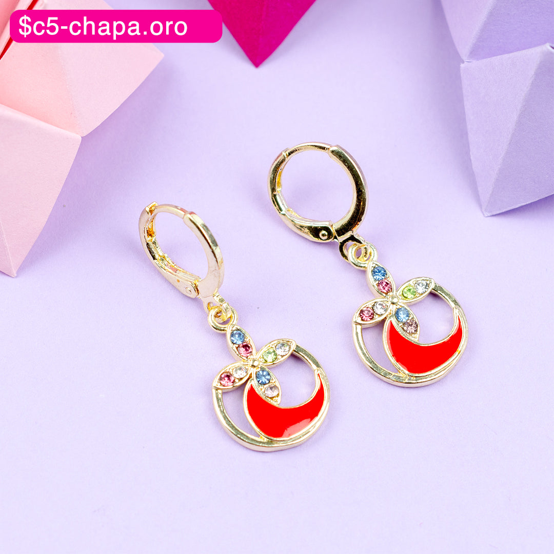 (PFB_00573) Aretes de flor y luna 14K