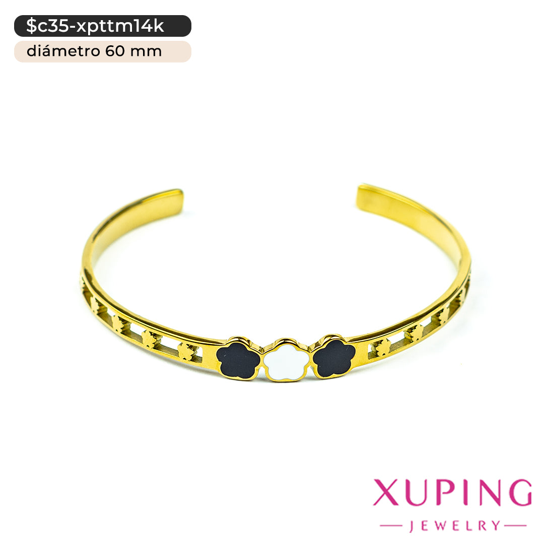 Brazalete abierto de tréboles en 14K | Ø 60 mm