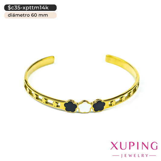 Brazalete abierto de tréboles en 14K | Ø 60 mm