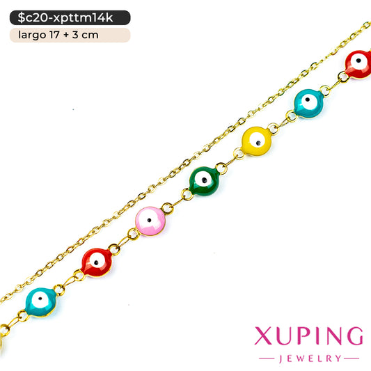 Pulsera doble de ojo turco en 14K | 17 cm