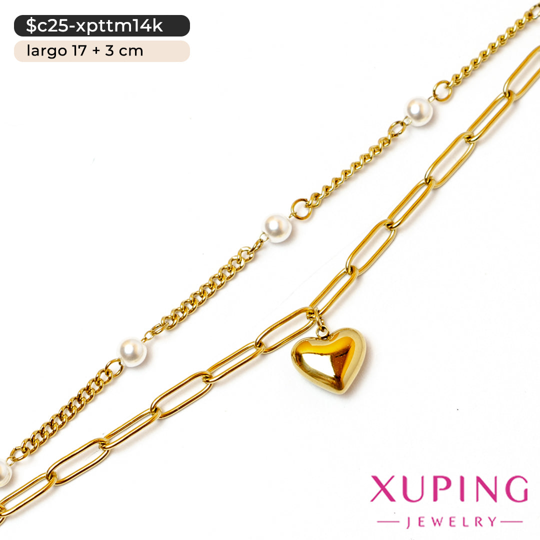 Pulsera doble de corazón y perla | 17 cm